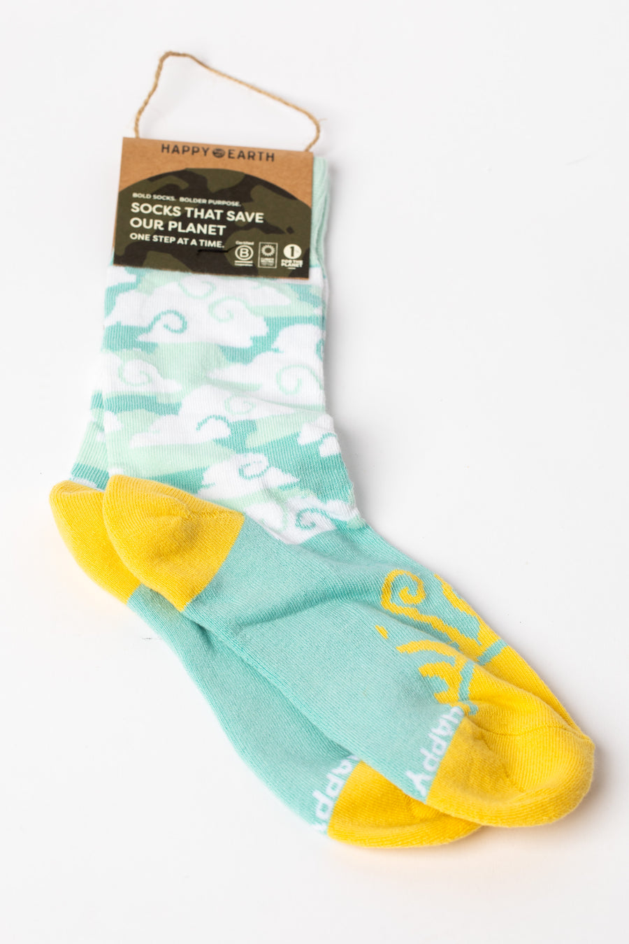Turquoise and yellow Sky Blue socks with a cloud pattern.
