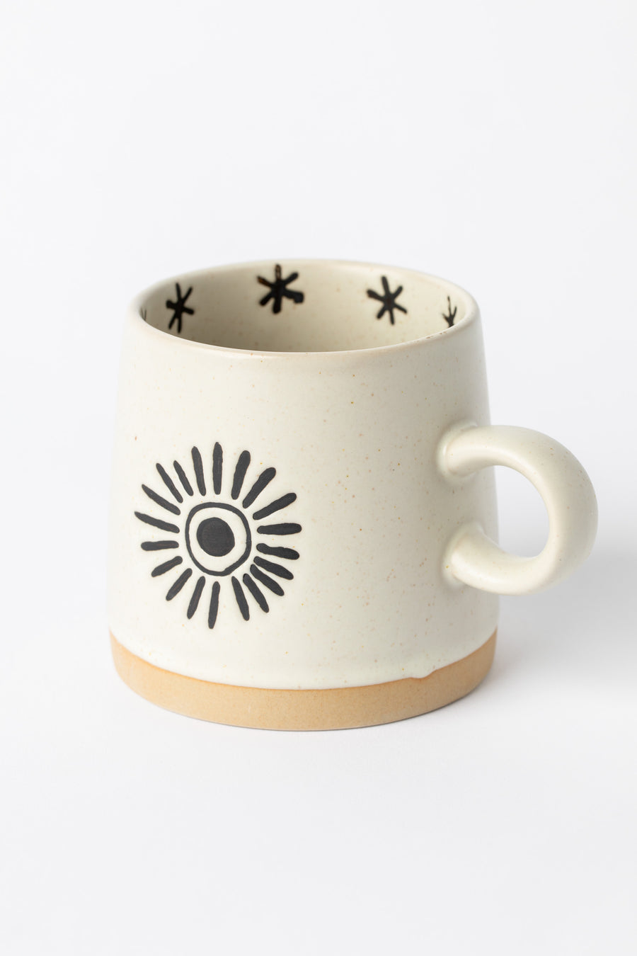 Crescent Moon & Sun Mug on white background with celestial motif.