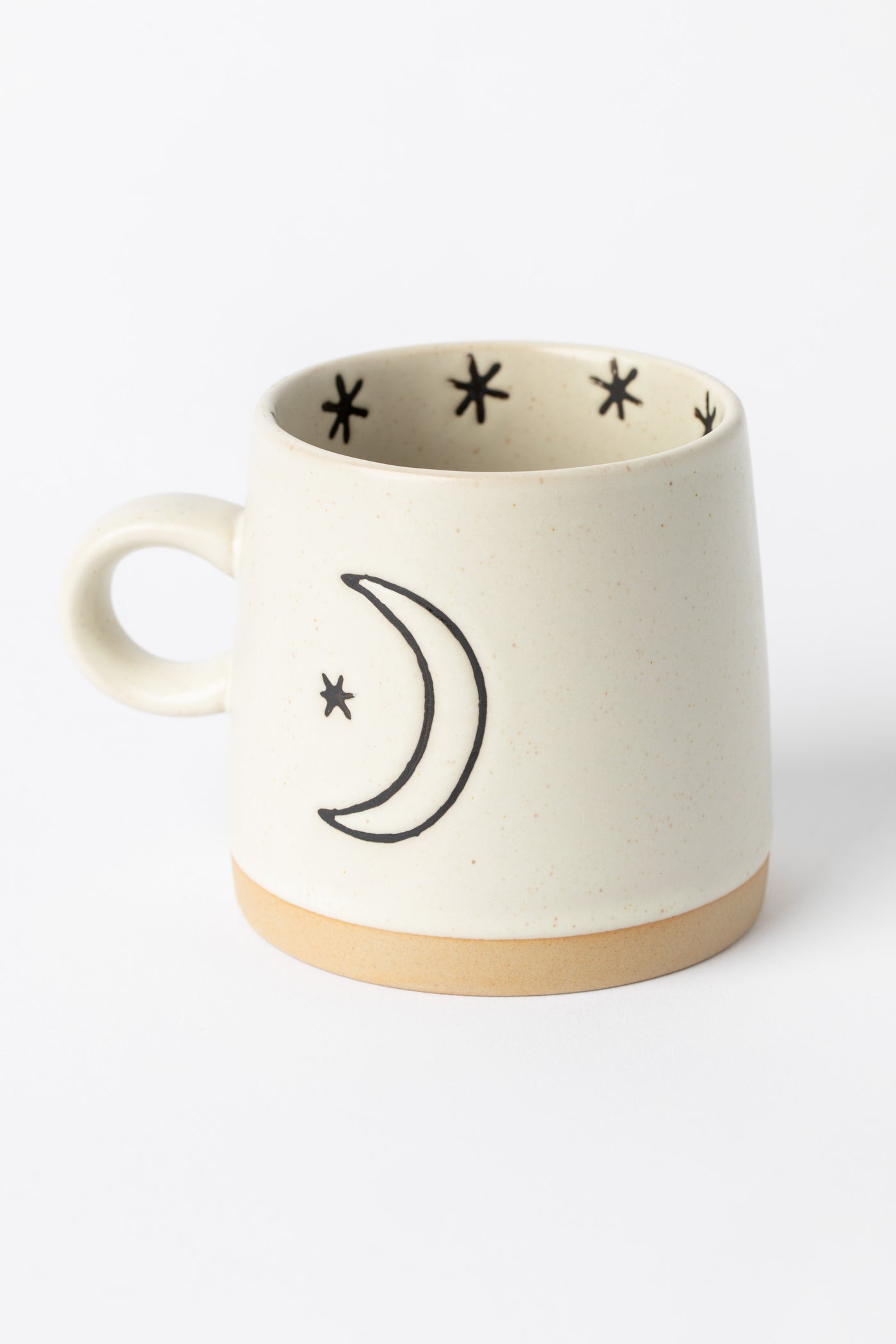 Handled ceramic Crescent Moon and Sun Mug with sun and moon symbols, boho home accent.