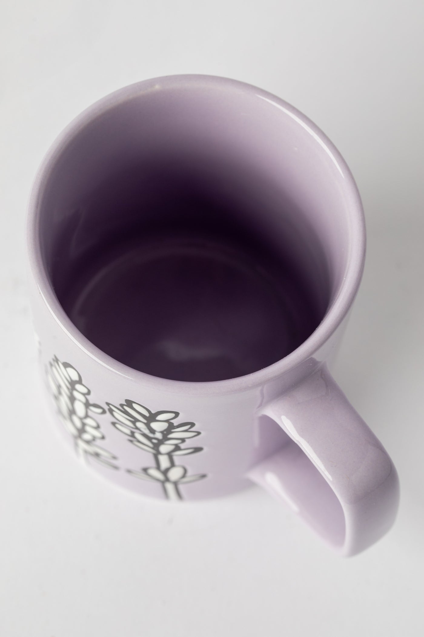 Lavender Mug with floral design and glossy glaze.