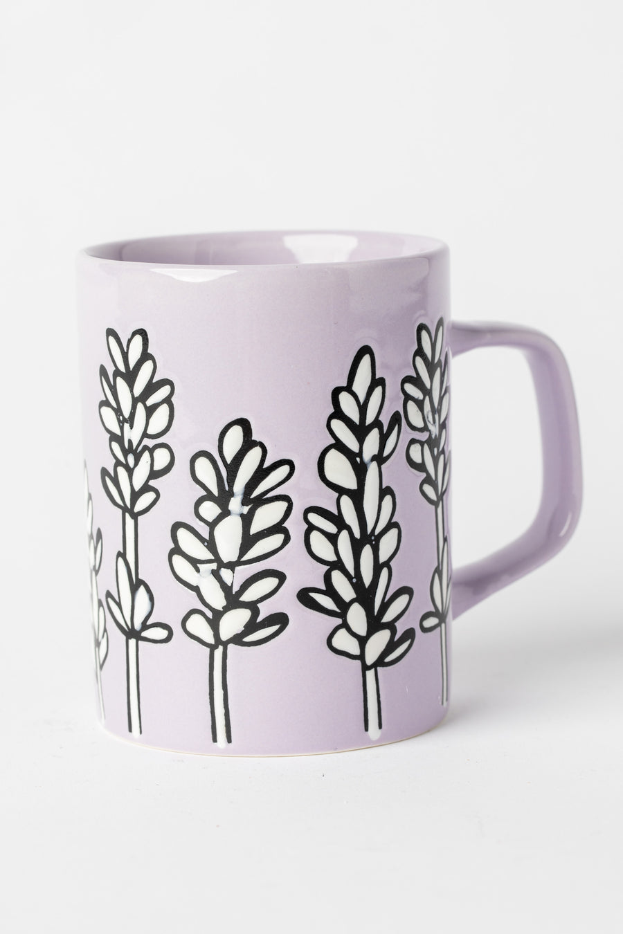 Lavender Mug with floral design and glossy glaze.