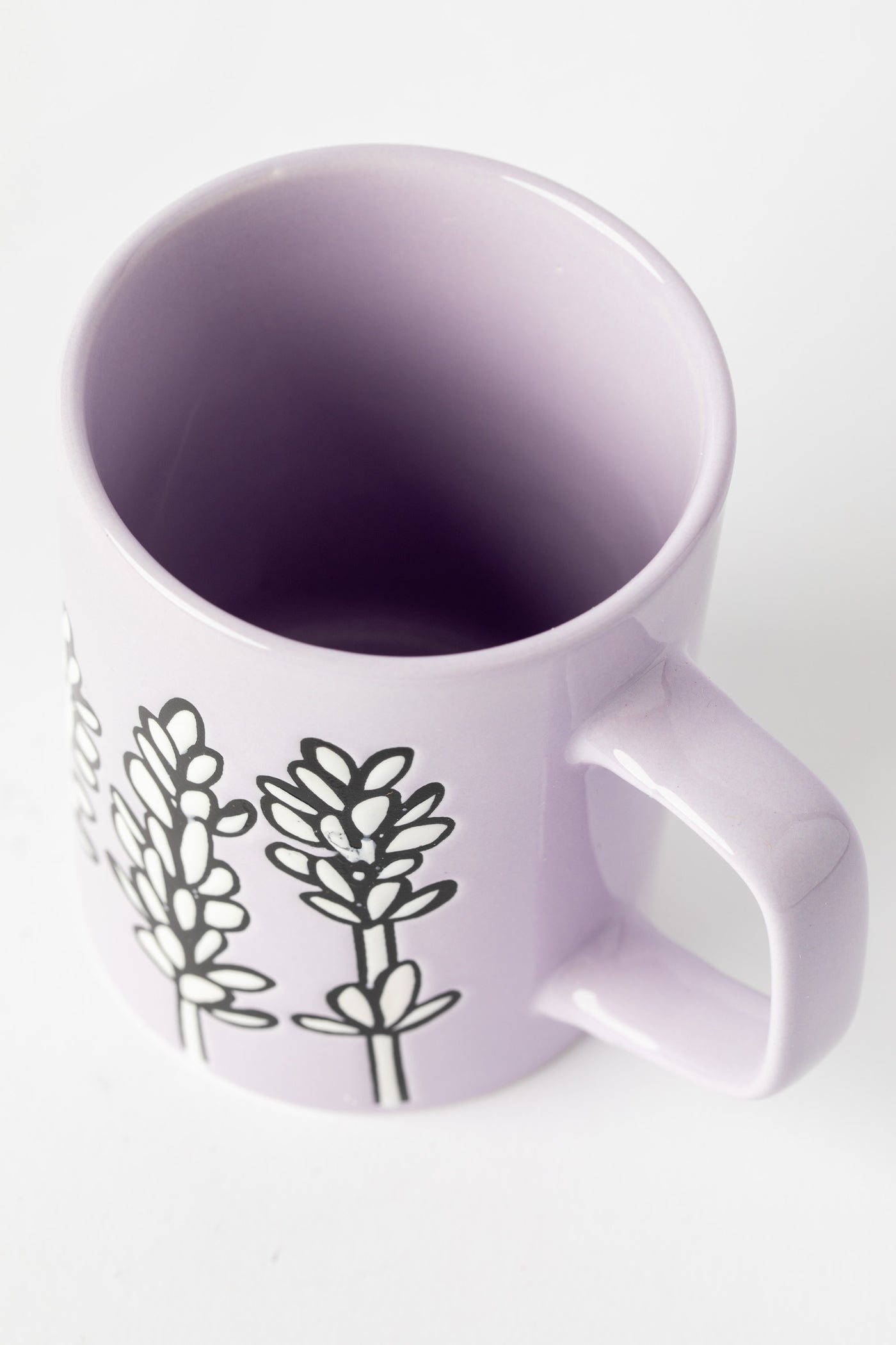 Lavender Mug with floral design and glossy glaze.