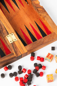 Foldable wooden backgammon interior with red and black painted design — handmade in Thailand.