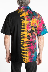 Ross is wearing the size S Sarin Tie Dye Button Up in Black Rainbow