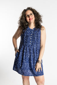 Susan is wearing the M/L Blue Night Tide Boho Cotton Mini Printed Dress