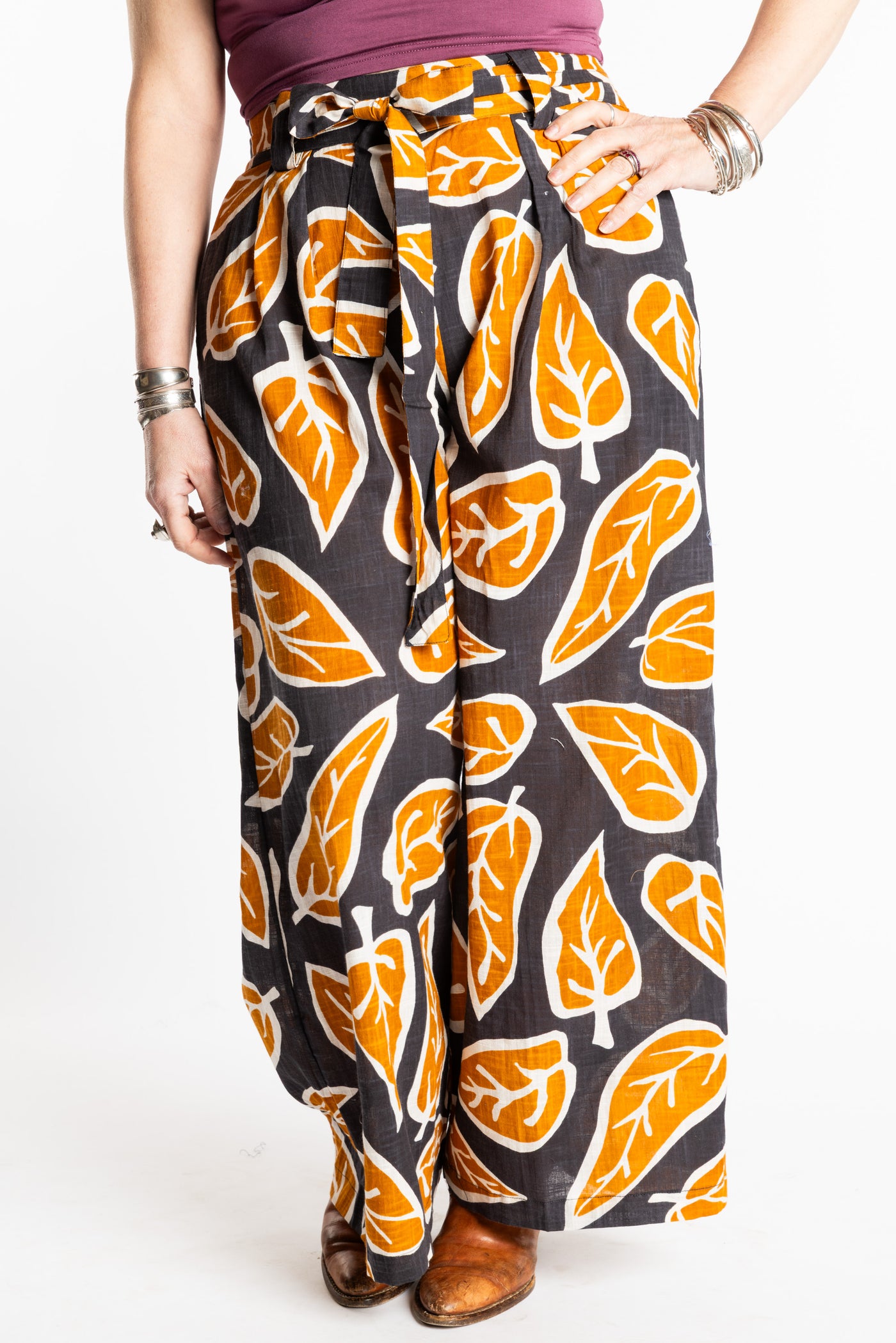 Susan is wearing the L/XL brown leaf Wide Leg Boho Cotton Pants