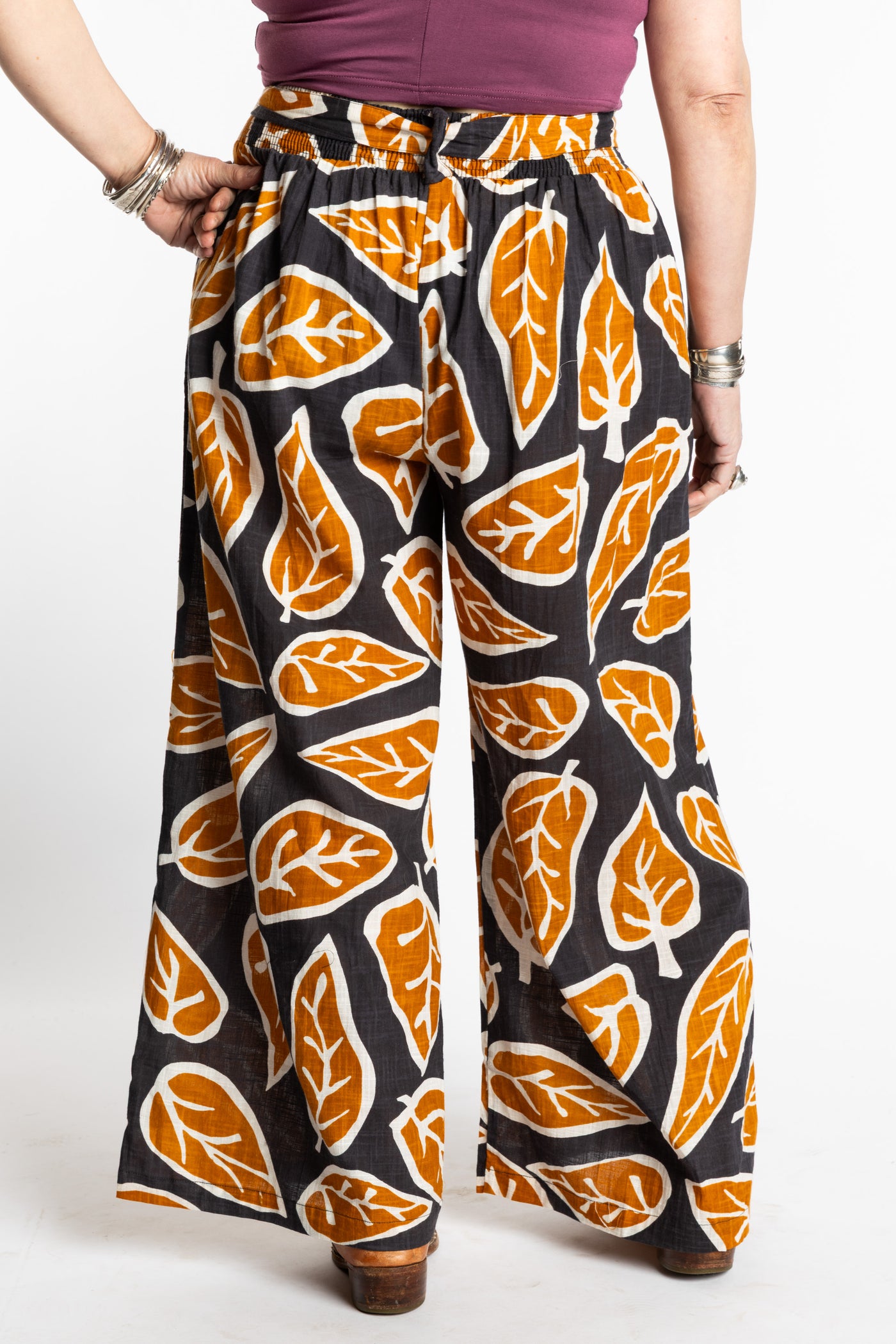 Susan is wearing the L/XL brown leaf Wide Leg Boho Cotton Pants