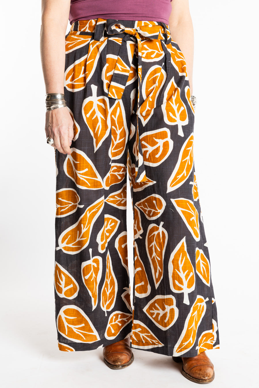Susan is wearing the L/XL brown leaf Wide Leg Boho Cotton Pants