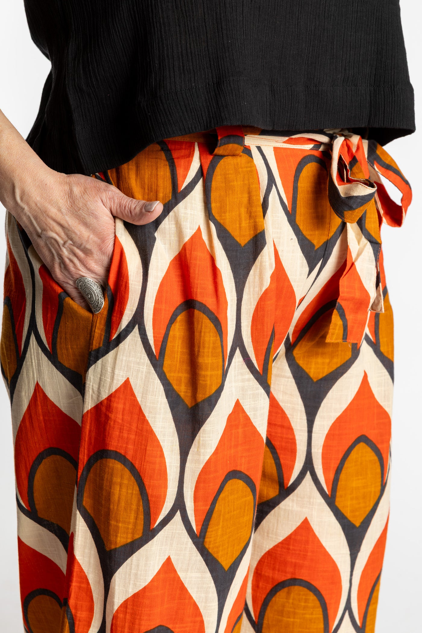 Betty is wearing the L/XL crimson leaf Wide Leg Boho Cotton Pants
