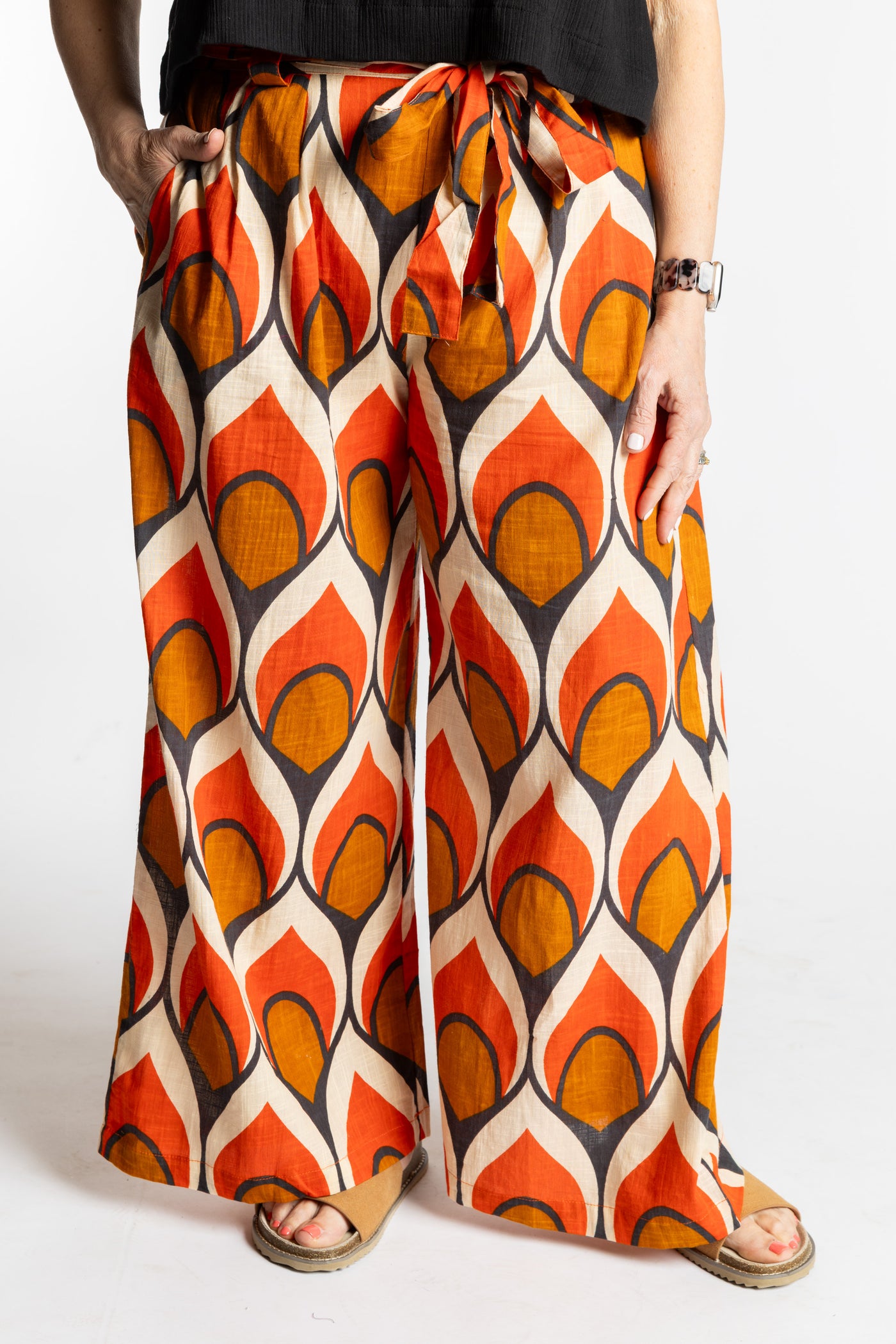 Betty is wearing the L/XL crimson leaf Wide Leg Boho Cotton Pants