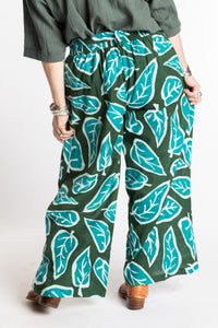 Susan is wearing the L/XL green leaf Wide Leg Boho Cotton Pants