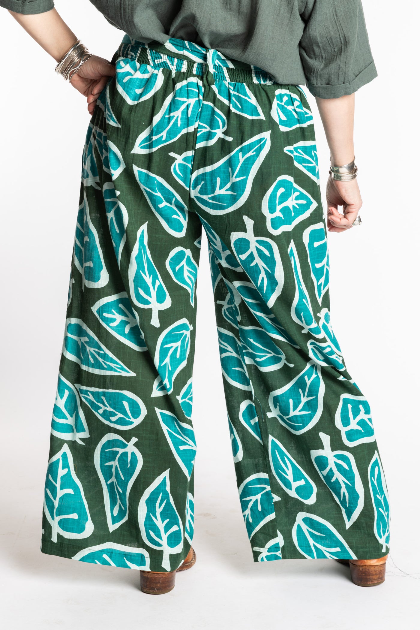 Susan is wearing the L/XL green leaf Wide Leg Boho Cotton Pants
