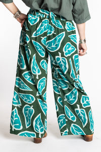 Susan is wearing the L/XL green leaf Wide Leg Boho Cotton Pants