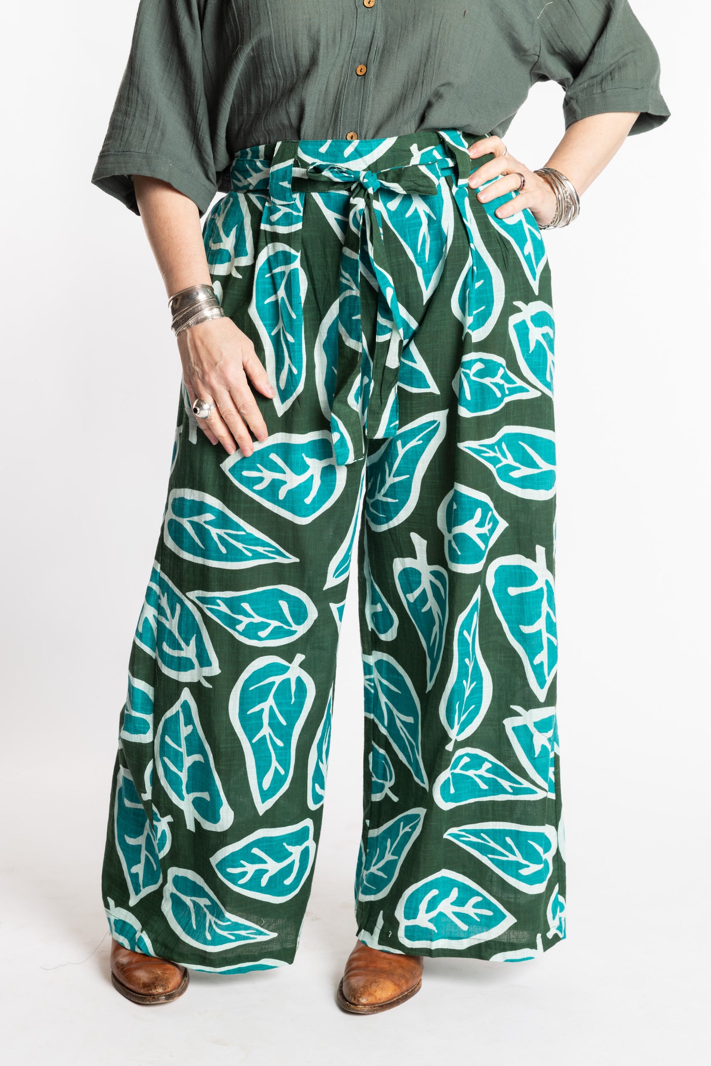 Susan is wearing the L/XL green leaf Wide Leg Boho Cotton Pants