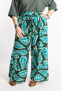 Susan is wearing the L/XL green leaf Wide Leg Boho Cotton Pants