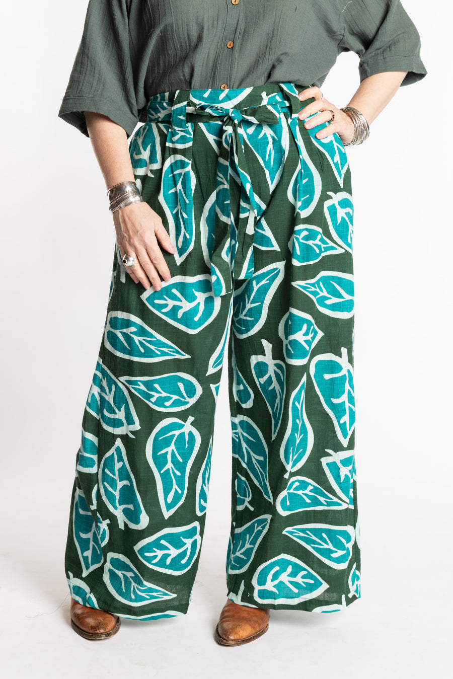 Susan is wearing the L/XL green leaf Wide Leg Boho Cotton Pants