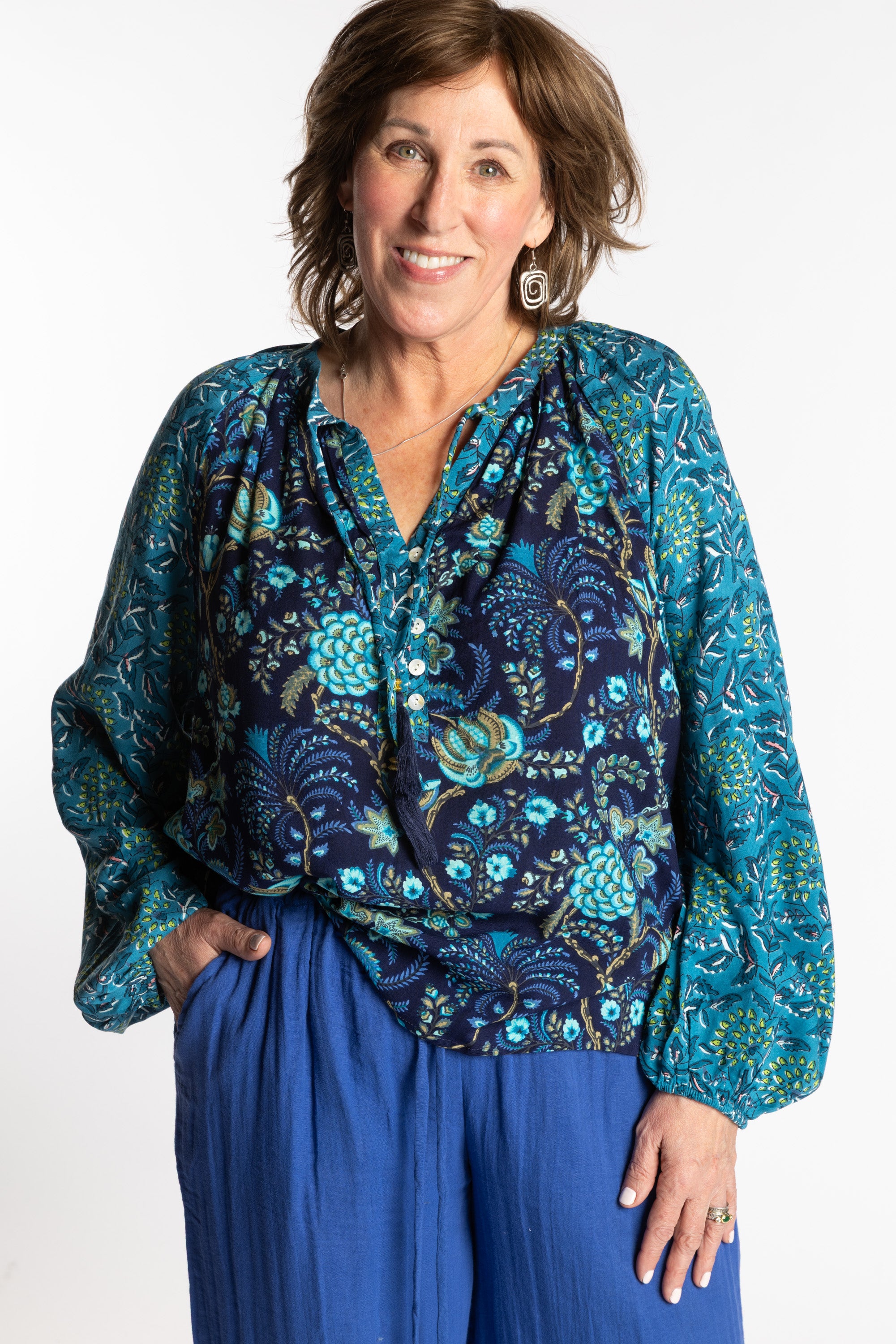 Flora Fusion Poet Tunic | Boho Floral Blouse Flowy Hippie Top