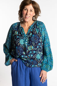 Betty is wearing the mixed print navy boho floral poet blouse top
