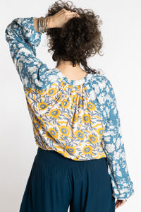 Susan is wearing the mixed print Sunflower boho floral poet blouse top
