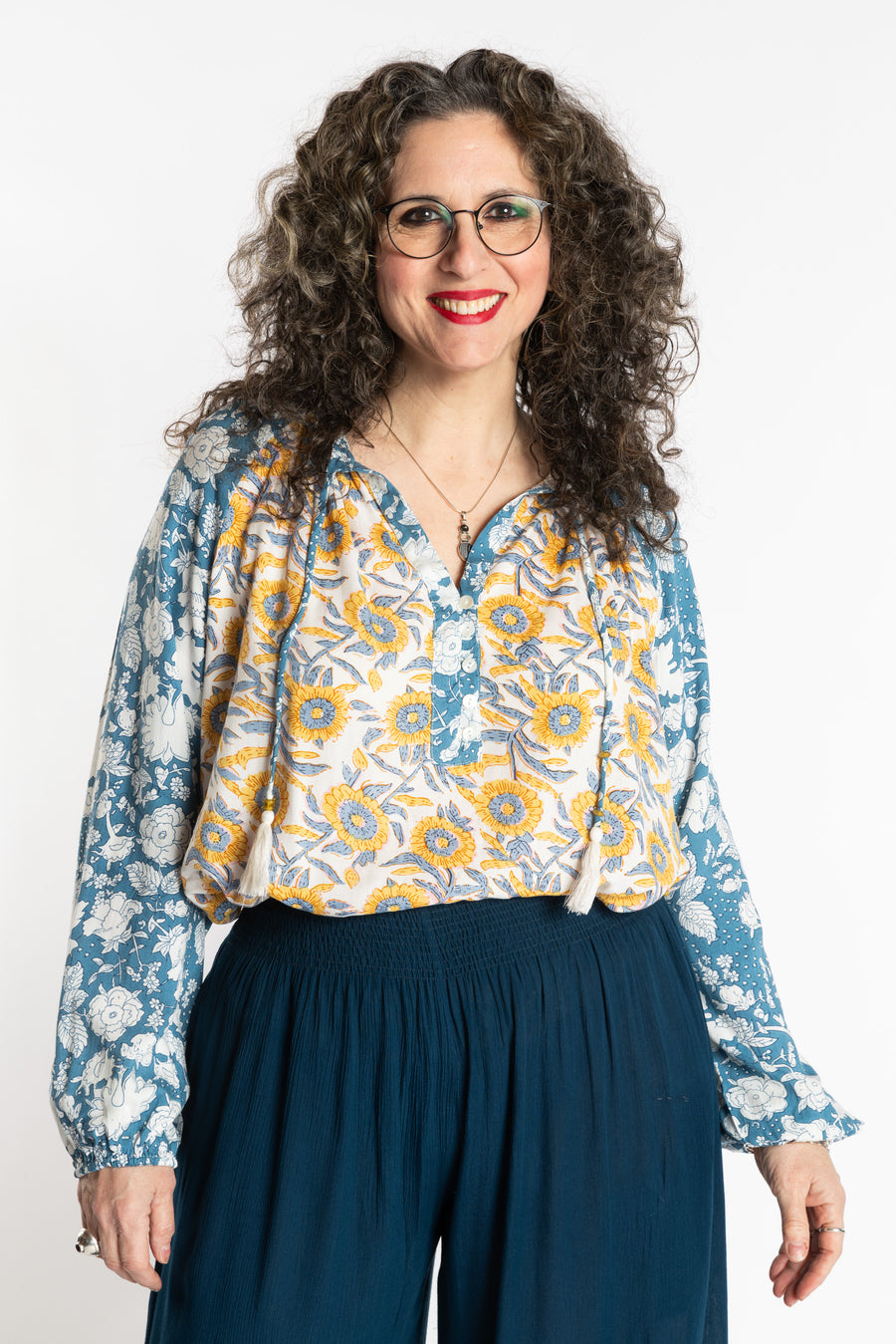 Susan is wearing the mixed print Sunflower boho floral poet blouse top
