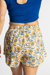 Sophie wearing the S/M ssunflower Summer Solstice Shorts with flowy relaxed silhouette