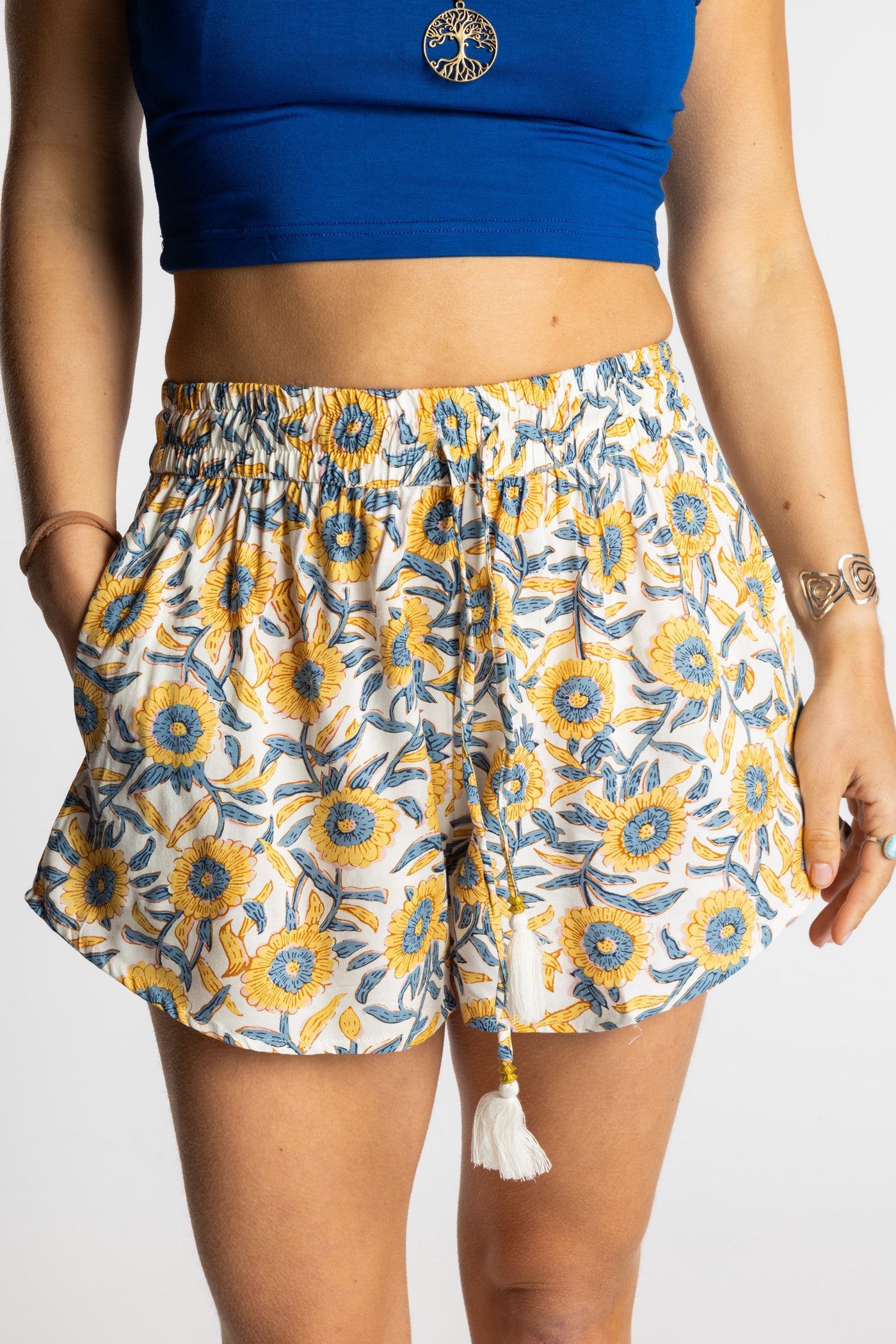 Sophie wearing the S/M ssunflower Summer Solstice Shorts with flowy relaxed silhouette