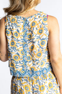 Sophie wearing size S/M Sahana Contrast Hem Sleeveless Top in Sunflower floral print flowy boho sleeveless top