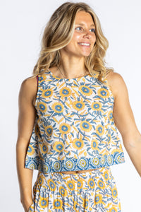 Sophie wearing size S/M Sahana Contrast Hem Sleeveless Top in Sunflower floral print flowy boho sleeveless top