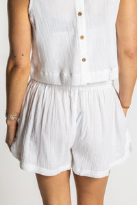 Sophie wearing Mel Milaana Cotton Drawstring Shorts in ivory with matching ivory Sahana Sleeveless Cotton Top, one size