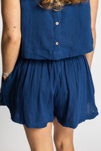 Sophie wearing Mel Milaana Cotton Drawstring Shorts in navy with matching navy Sahana Sleeveless Cotton Top, one size