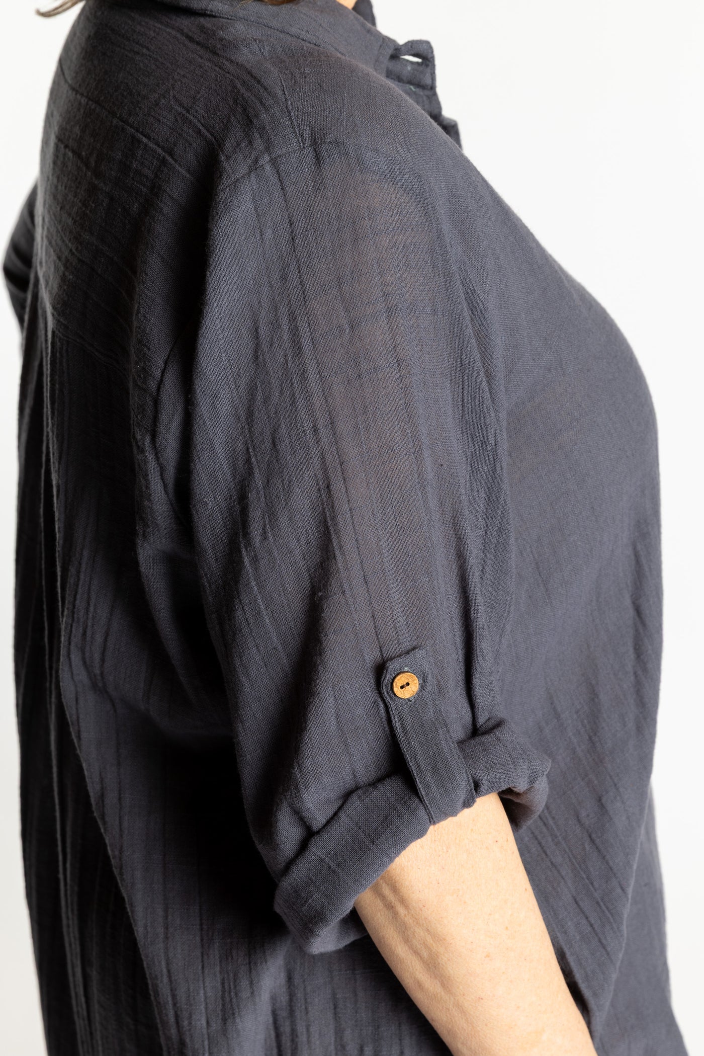 Betty is wearing the Charcoal grey Long Boho Cotton Tunic