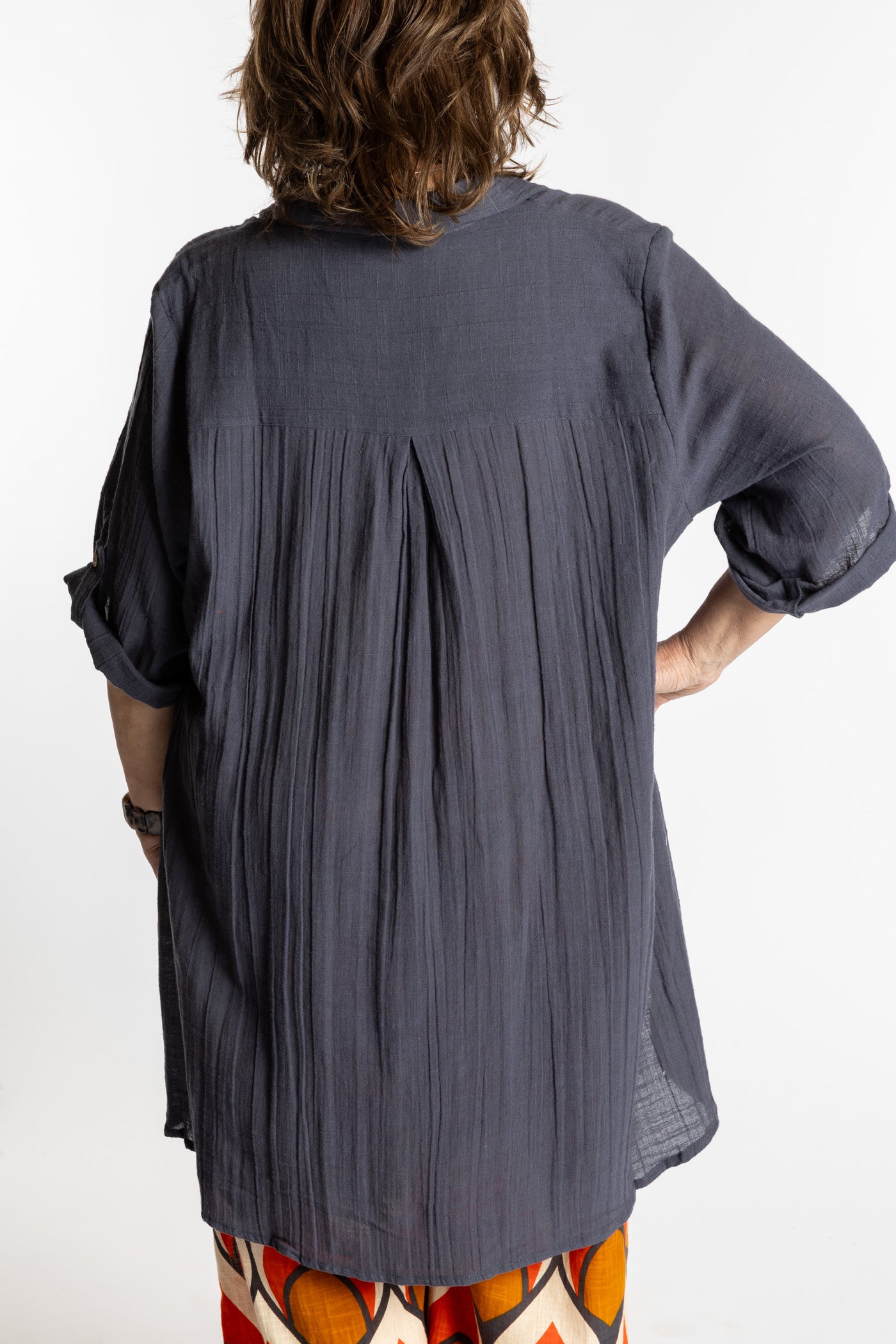Betty is wearing the Charcoal grey Long Boho Cotton Tunic