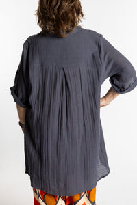 Betty is wearing the Charcoal grey Long Boho Cotton Tunic