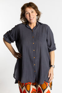 Betty is wearing the Charcoal grey Long Boho Cotton Tunic
