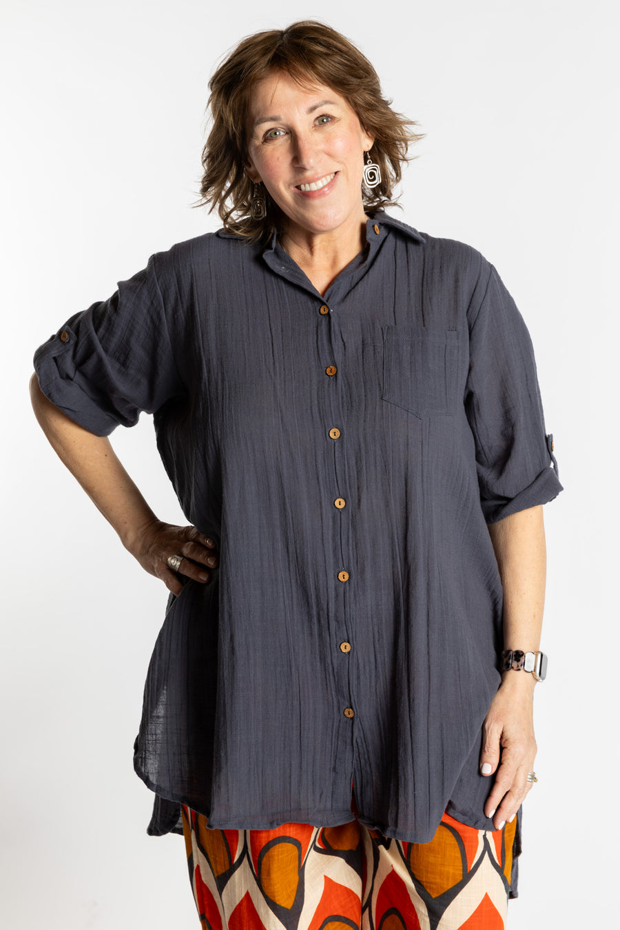 Betty is wearing the Charcoal grey Long Boho Cotton Tunic