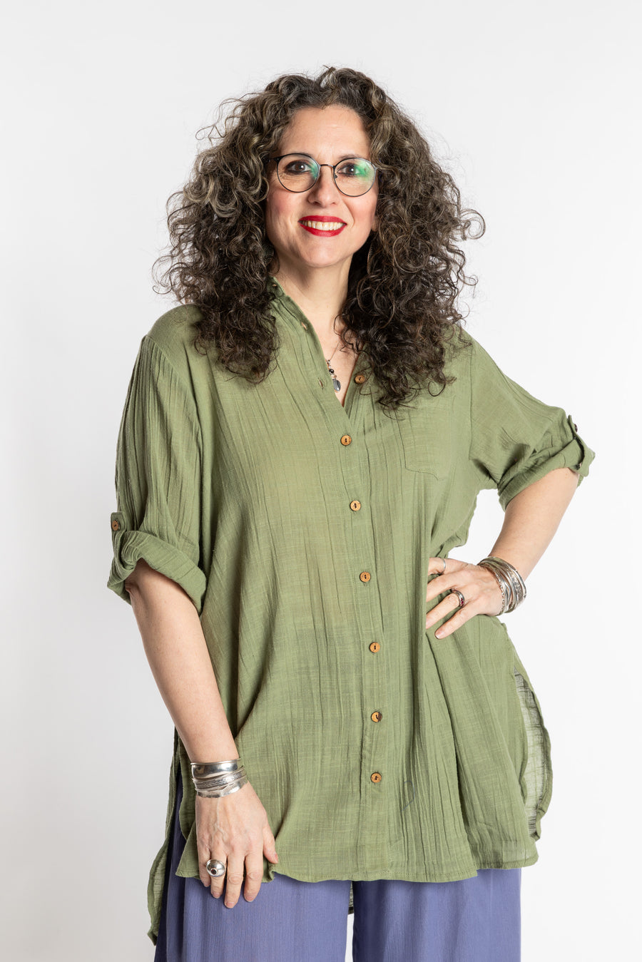 Susan is wearing the Moss green Long Boho Cotton Tunic