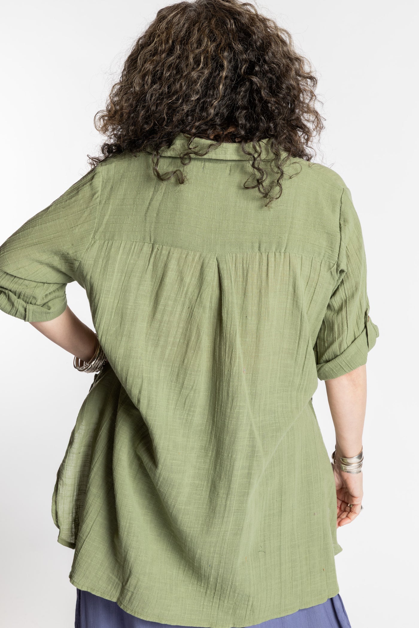 Susan is wearing the Moss green Long Boho Cotton Tunic