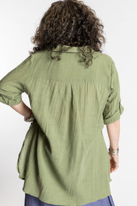 Susan is wearing the Moss green Long Boho Cotton Tunic