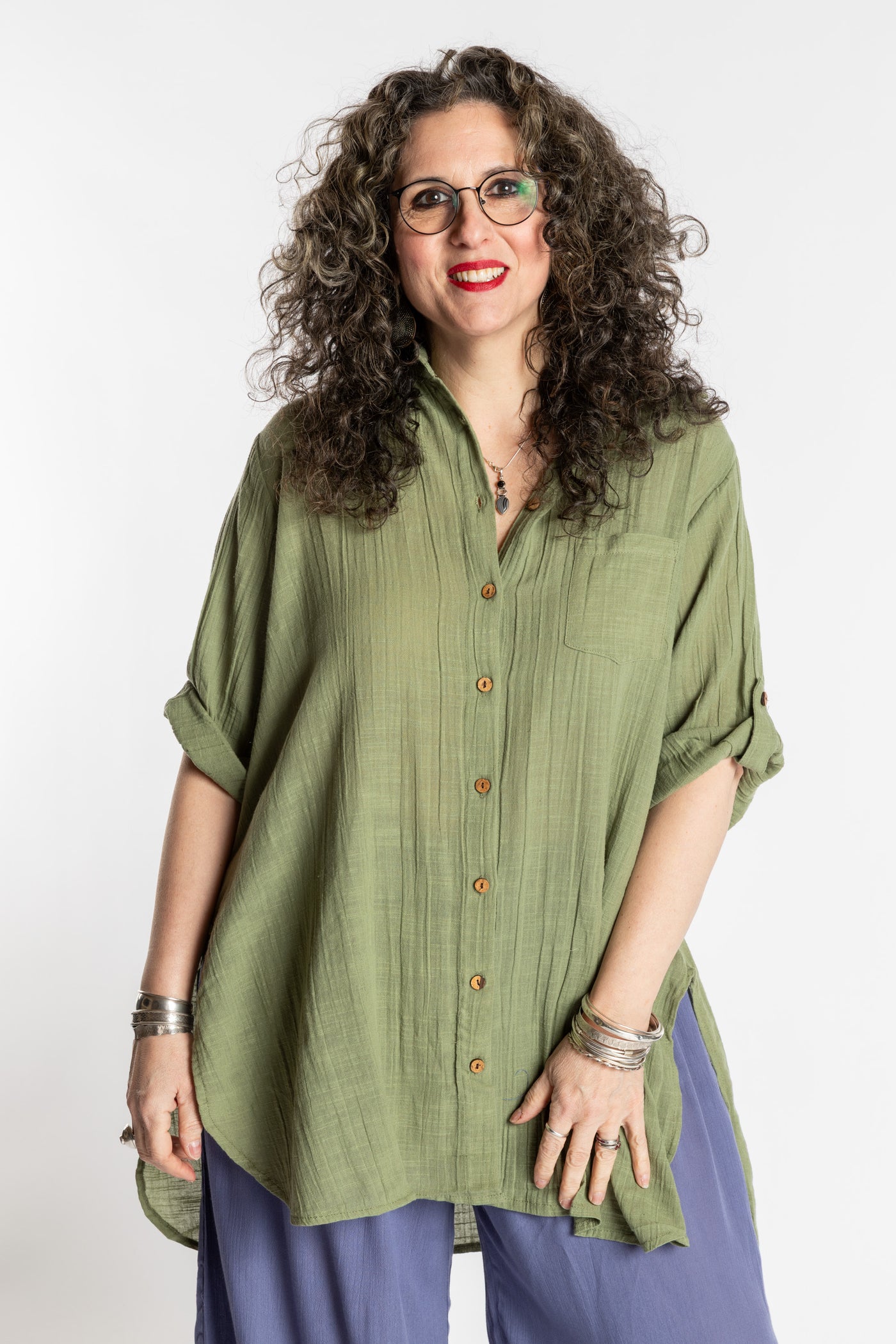 Susan is wearing the Moss green Long Boho Cotton Tunic