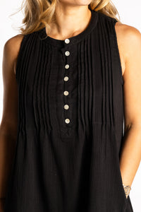 Sophie is wearing the S/M black lightweight cotton pleated dress sleeveless boho style