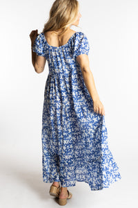 Sophie is wearing the size S/M Blue floral Amara Cotton Maxi Dress