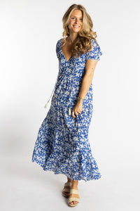 Sophie is wearing the size S/M Blue floral Amara Cotton Maxi Dress