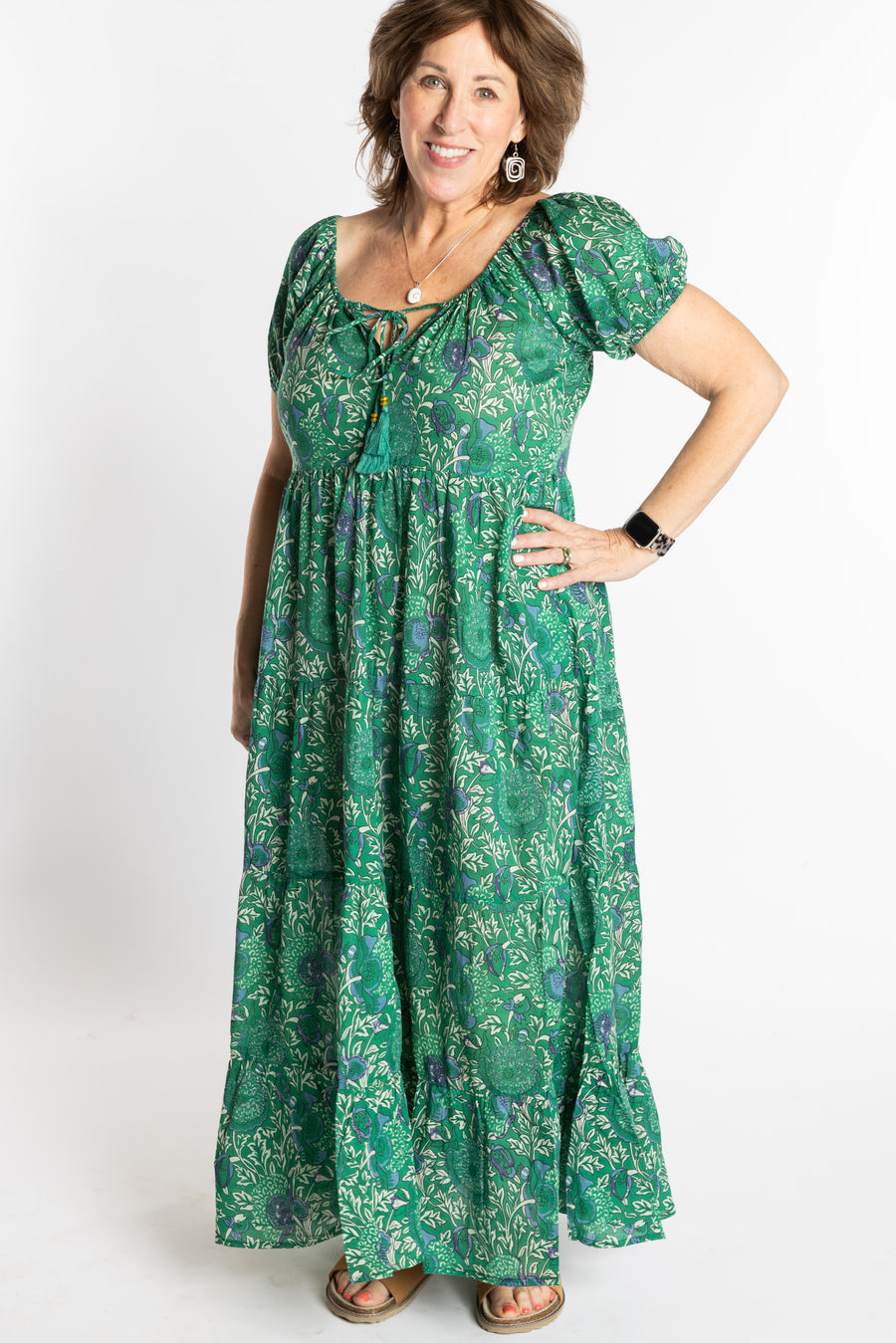 Betty is wearing the size M/L Green floral Amara Cotton Maxi Dress