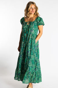 Sophie is wearing the size S/M Green floral Amara Cotton Maxi Dress