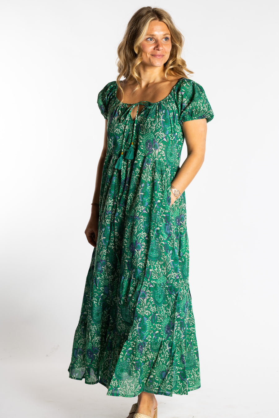 Sophie is wearing the size S/M Green floral Amara Cotton Maxi Dress