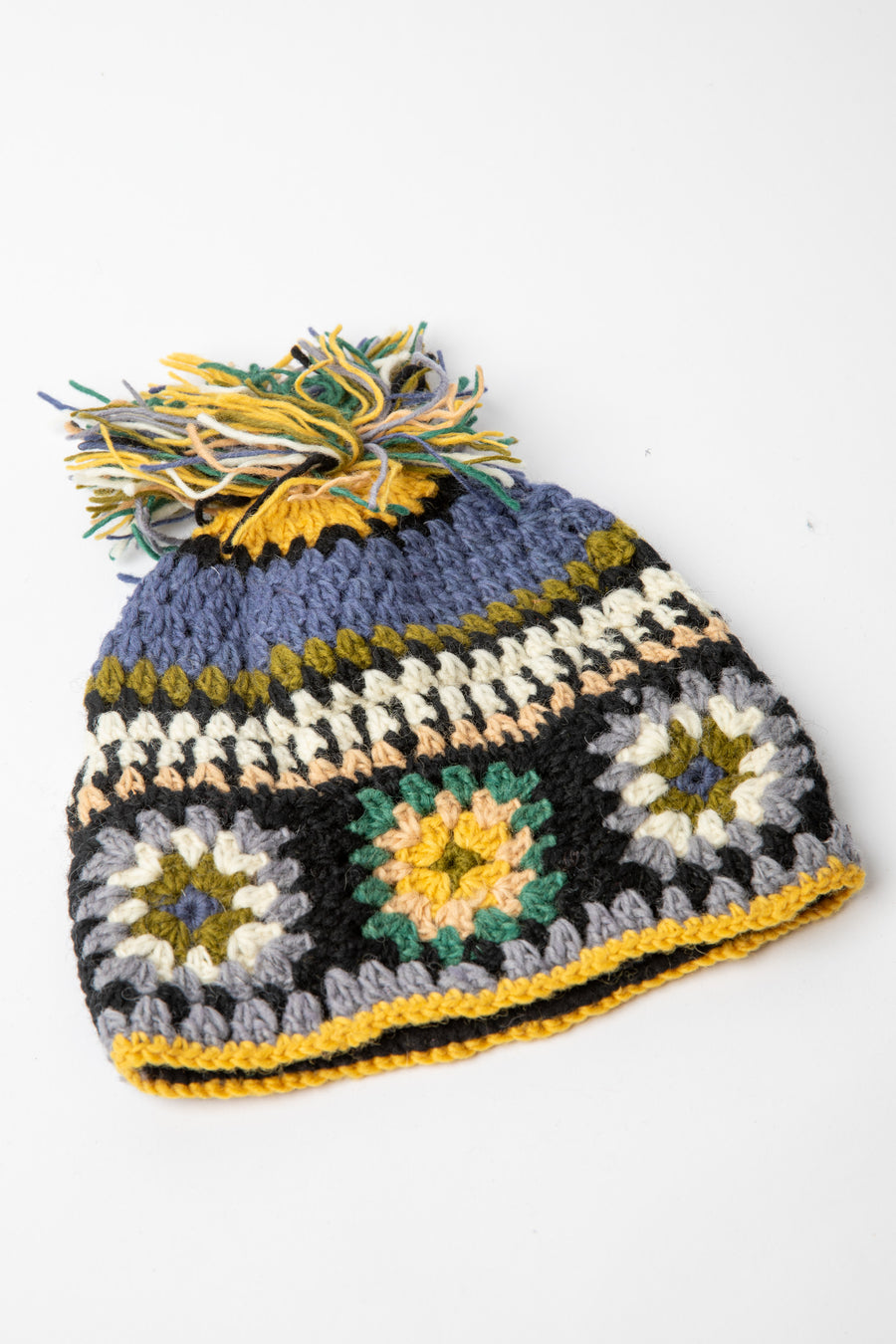 Granny Square Wool Pom Pom Hat in blue