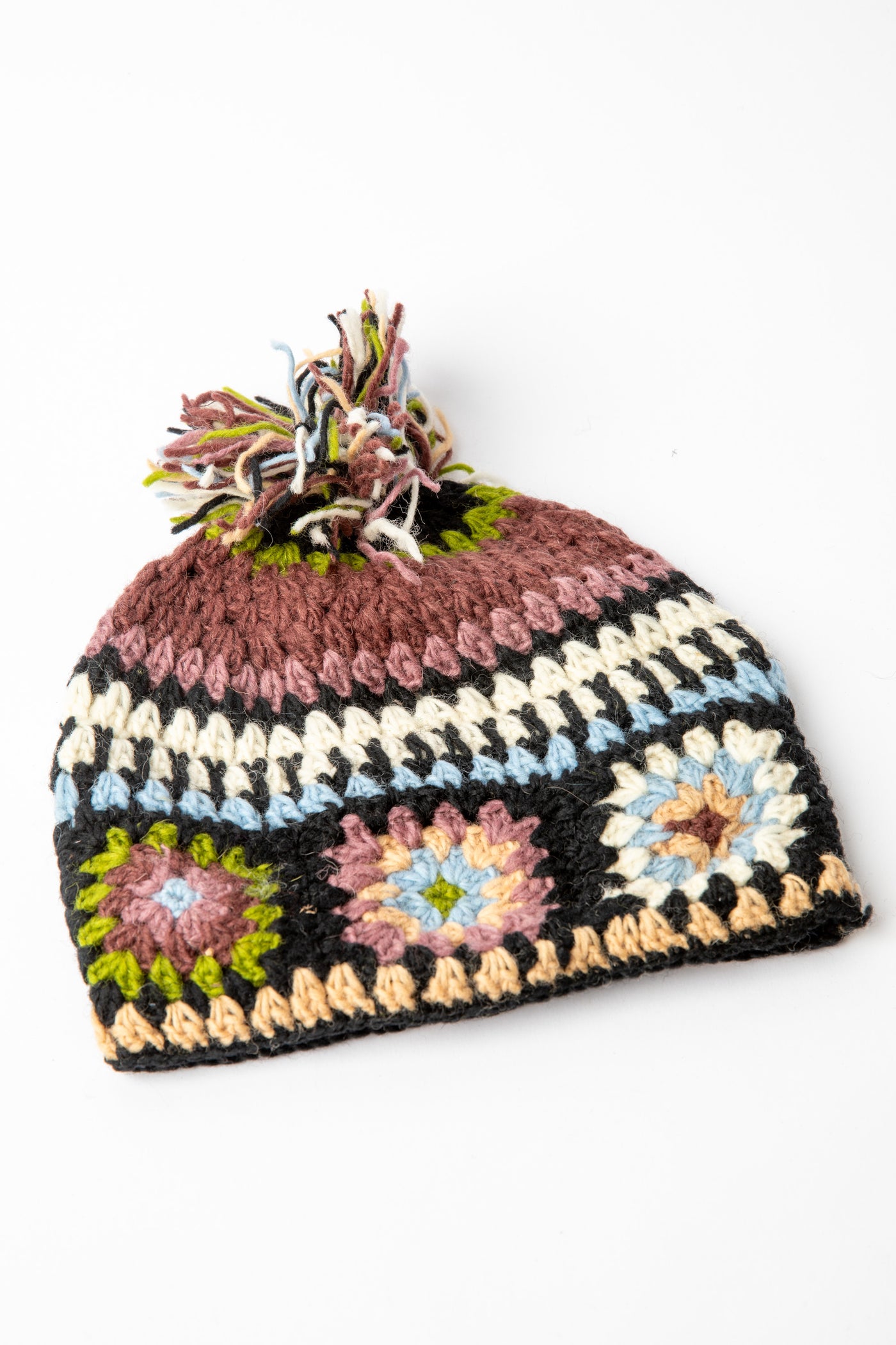 Granny Square Wool Pom Pom Hat in plum