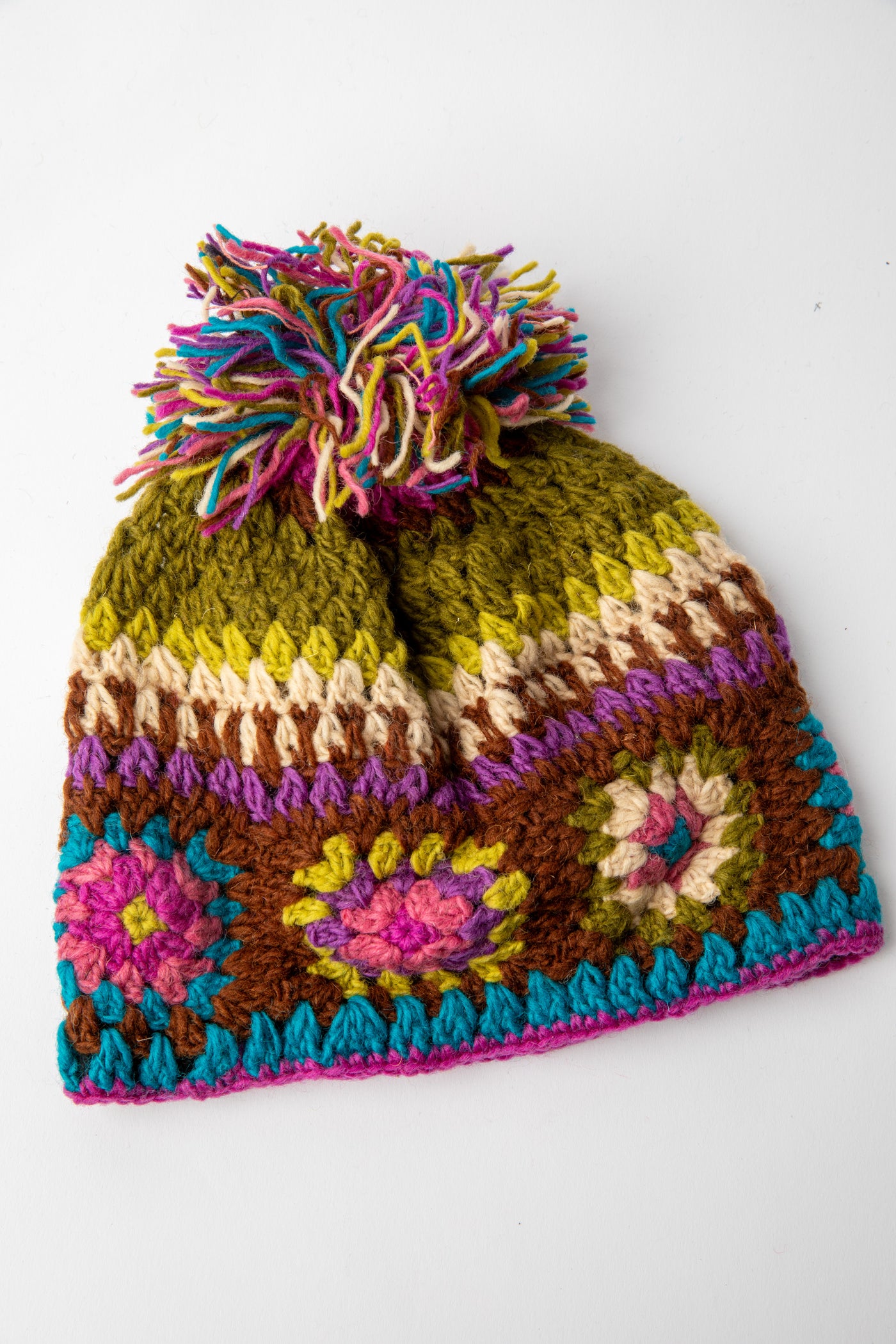 Granny Square Wool Pom Pom Hat in purple
