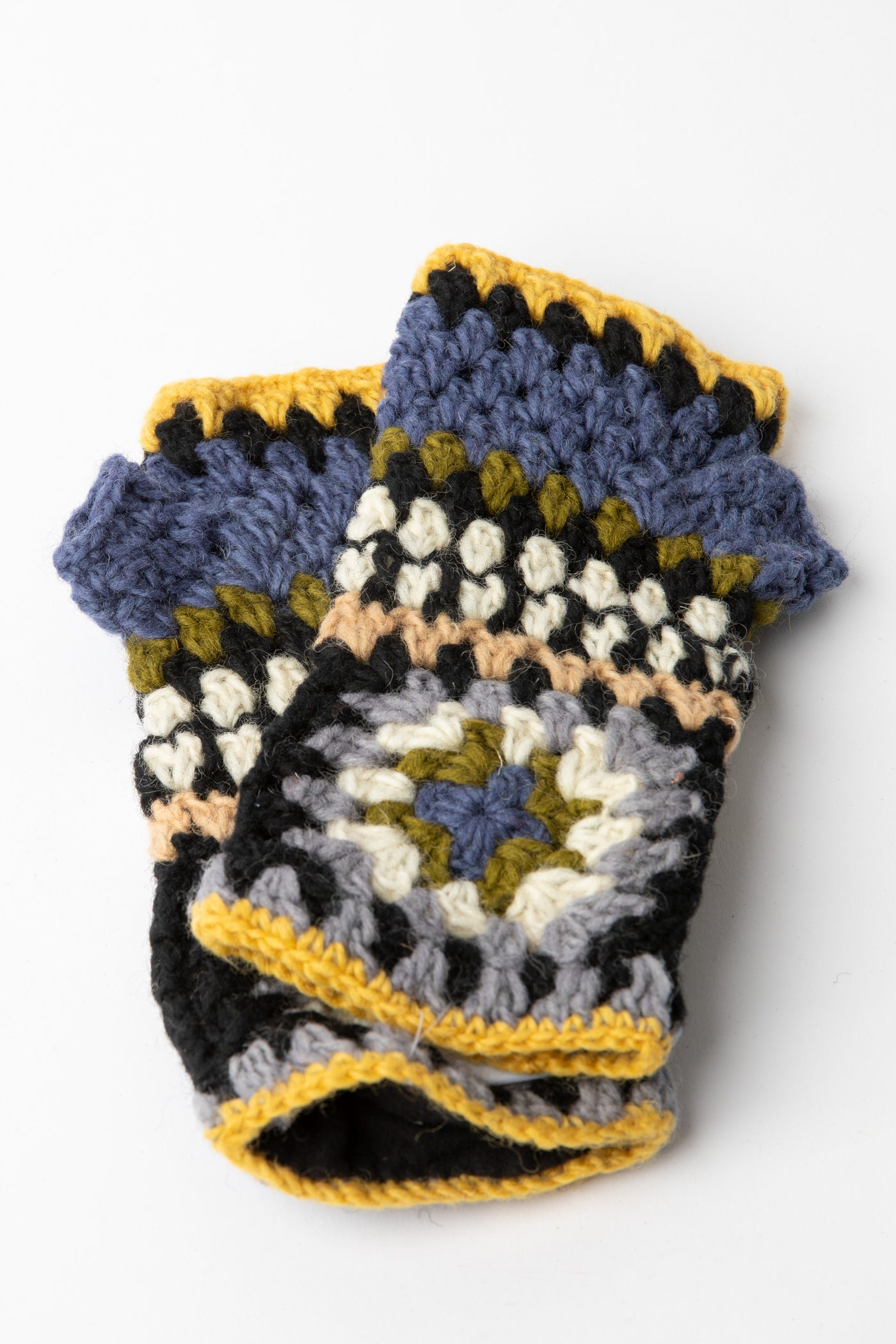 Granny Square Wool Fingerless Mittens in blue