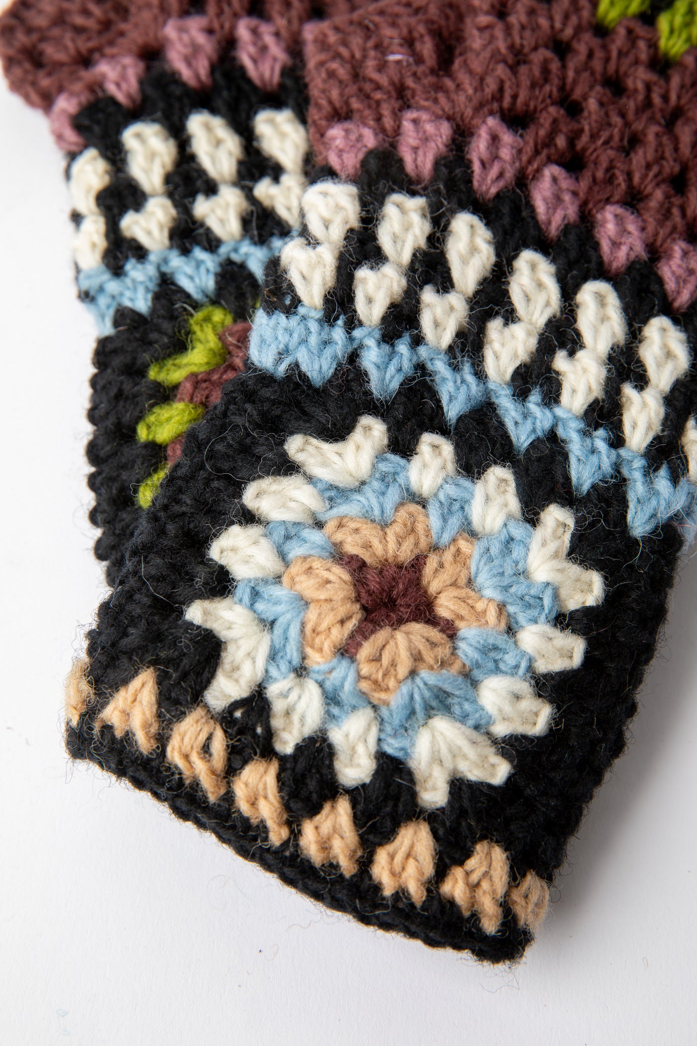 Granny Square Wool Fingerless Mittens in plum